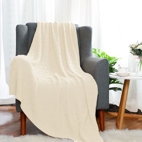 100% Cotton Cable Knit Throw Blanket Sofa Throw Blankets 47"x 70" Beige - Picture 2 of 6